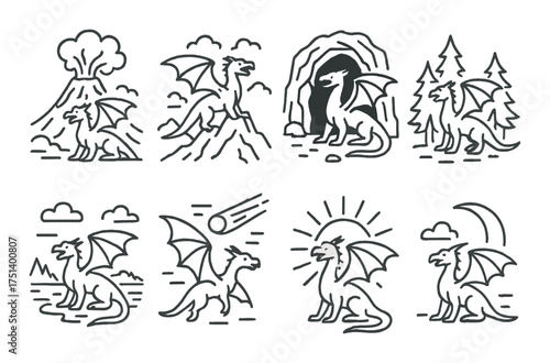 Mythical dragons: icon illustrations of legendary creatures in varied landscapes