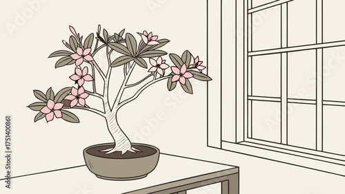 Beautiful indoor bonsai tree with pink flowers near window home decor illustration for interior design ideas