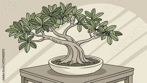 Bonsai tree art drawing illustration vector image of miniature tree in pot on table for zen garden decor