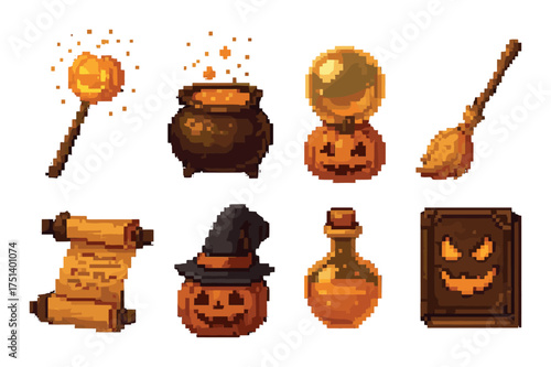 Pixel art halloween magic tools: pumpkin lanterns, cauldron, broom, scroll, book, potion