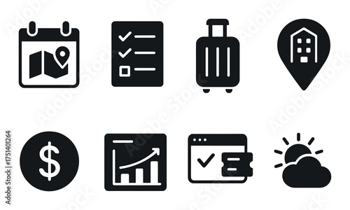 Travel and business icon set featuring calendar, map, luggage, and more on dark background