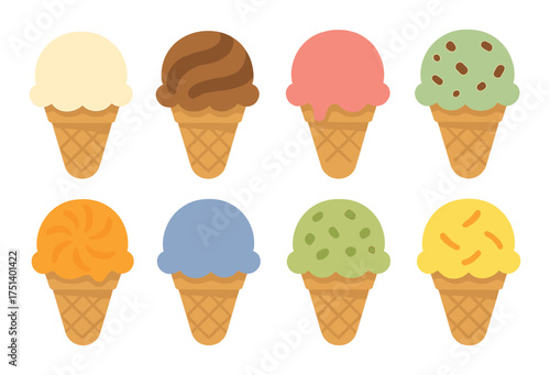 Colorful assorted ice cream cones with various flavors on waffle cones