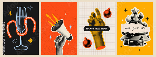 4 New Year posters in retro halftone style. Retro vintage holiday elements like champagne, megaphones, ornaments and Christmas trees. Ideal party flyers, social media graphics and other templates.