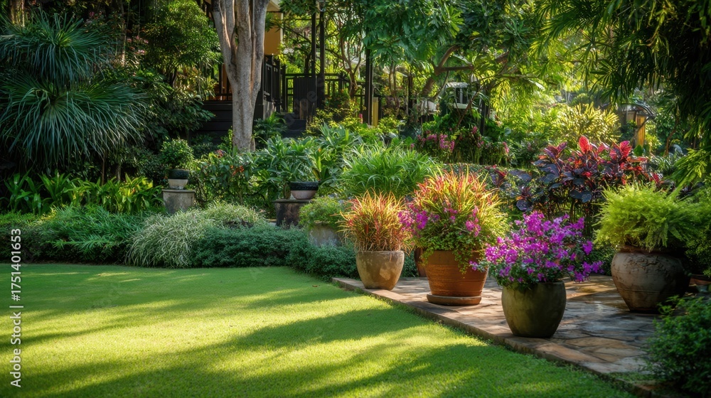 Obraz premium Lush Garden Paradise with Colorful Flower Pots and Greenery in a Serene Outdoor Space Surrounded by Vibrant Plants and Trees
