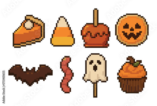 Pixel art halloween treats: candy, pie, ghosts, and spooky sweets