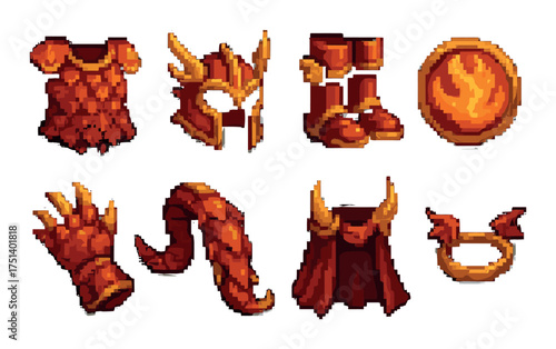 Pixel art fantasy armor set with fiery elements and accessories