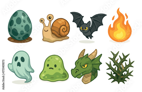 Cute fantasy creatures collection with dragon, snail, bat, ghost, and fireball