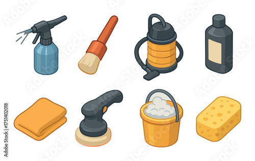 Detailed icons of car cleaning tools and equipment