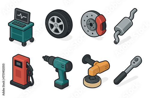 Isometric icons of automotive tools and parts including tire, brake, drill
