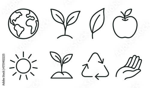 Sustainable symbols: earth, plants, recycling, and conservation icons on dark background