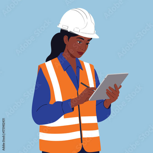 A diligent African American female engineer or construction worker in a hard hat and safety vest meticulously reviews plans on a digital tablet.