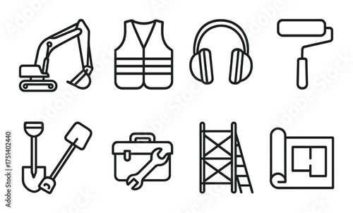 Construction tools and safety gear icons: excavator, vest, headphones, roller