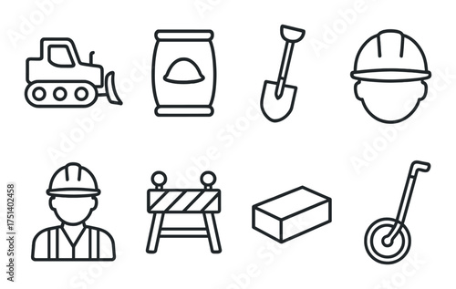 Black and gray construction icons set featuring machinery and safety equipment