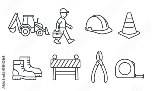 Construction equipment icons featuring tools and safety gear