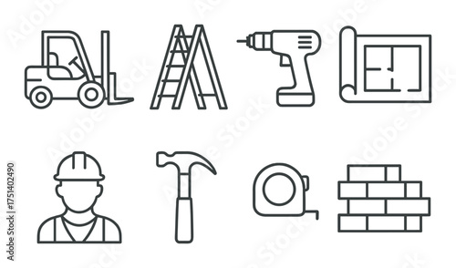 Construction tools and plans icons set on gray background