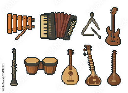 Pixel art musical instruments collection: guitar, accordion, clarinet, sitar, bongo, lute