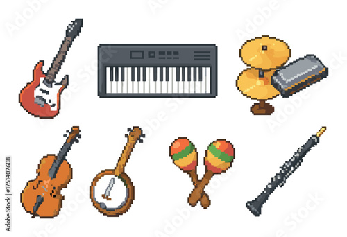 Pixel art instruments: guitar, keyboard, drums, violin, banjo, maracas, clarinet