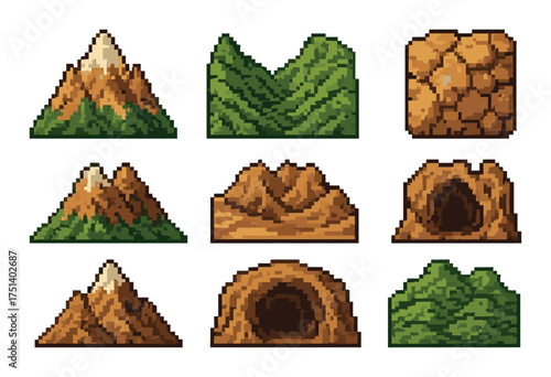 Pixel art terrain elements: mountains, caves, forests, rocks
