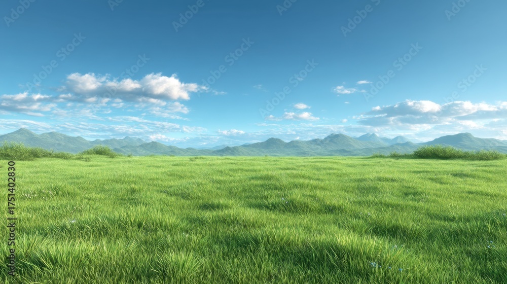 Fototapeta premium Lush Green Grass Field Under Bright Blue Sky with Fluffy Clouds and Mountains in Background Capturing Serene Nature Landscape