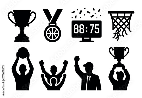 Basketball game icons set: trophies, medals, scoreboard, celebration silhouettes