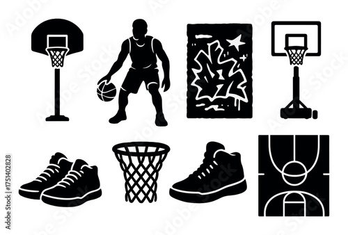 Silhouette basketball elements with graffiti art on dark background
