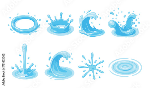 Blue water splash set with various dynamic wave patterns and droplet effects