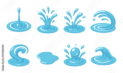 Set of eight dynamic blue water splash illustrations on dark background