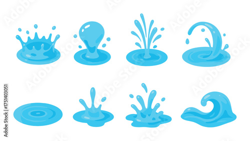 Set of eight blue water splash icons on dark background