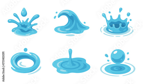 Set of six abstract blue water droplet and wave illustrations on gradient background