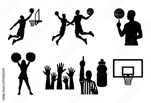 Silhouettes of basketball players and cheerleader in action