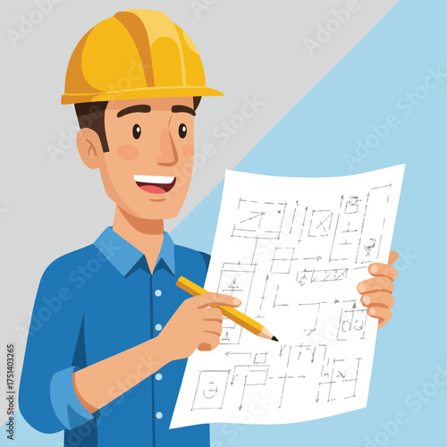 A smiling male architect reviews technical blueprints with a pencil, showcasing his expertise in construction and design planning.