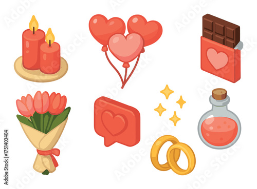 Romantic symbols with candles, hearts, flowers, rings, and chocolate