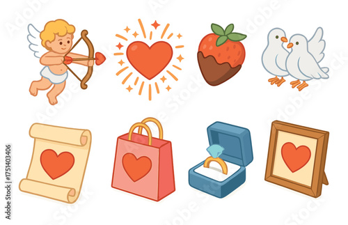 Romantic symbols and icons featuring cupid, heart, and love elements