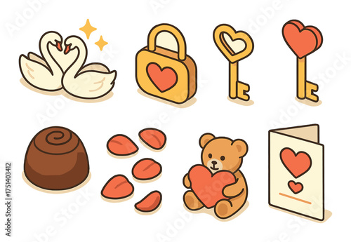 Romantic symbols set with swans, lock, hearts, candy, rose petals, teddy bear, card