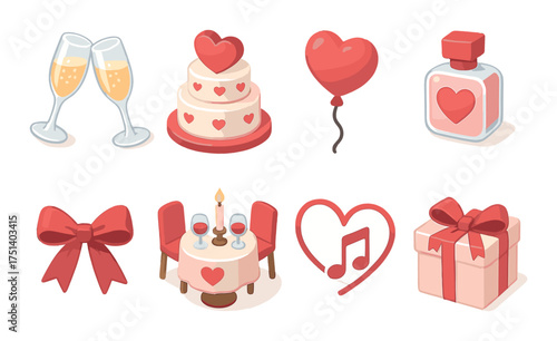 Romantic symbols: champagne, cake, hearts, candlelit dinner, gift box