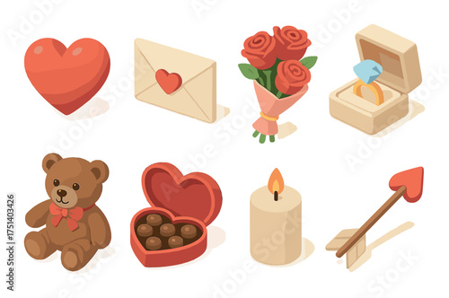 Valentine symbols: heart, envelope, roses, ring, teddy bear, chocolates, candle, arrow