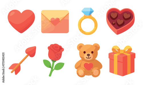 Romantic symbols featuring heart, ring, teddy bear, and gift box