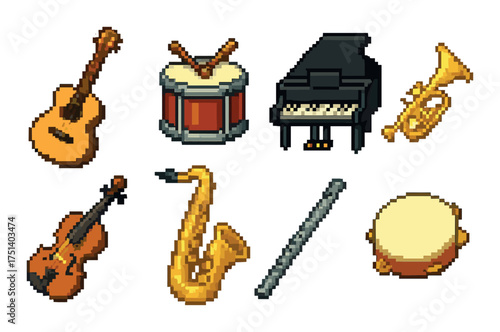 Pixel art musical instruments collection: guitar, drum, piano, trumpet, violin, saxophone, flute, tambourine