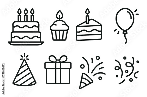 Birthday celebration icons: cake, balloon, gift, and more party elements