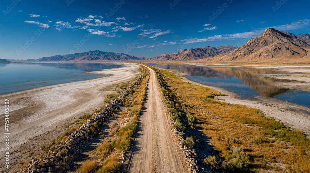 Naklejka premium Empty sand spit road stretches through a vast salt lake, evoking solitude, endless journey, minimalism, and the stark beauty of a remote, desolate landscape.