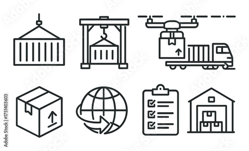Shipping and logistics icons set illustrating transport, delivery, and warehousing concepts