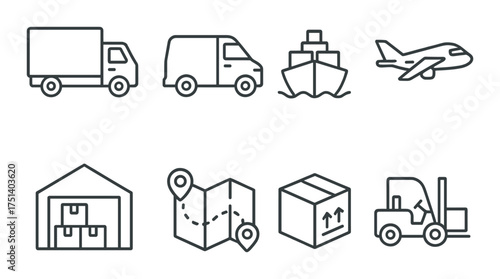 Logistics icons: truck, van, ship, plane, warehouse, map, package, forklift