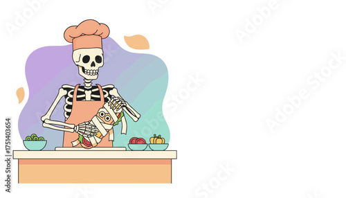 Skeleton chef preparing a fun mummy sandwich Ideal for Halloween food or spooky events