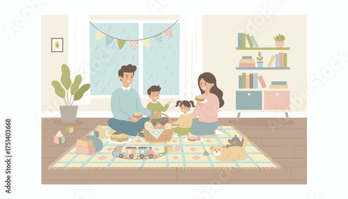 Happy family enjoying an indoor picnic on a rainy day Quality time and togetherness at home
