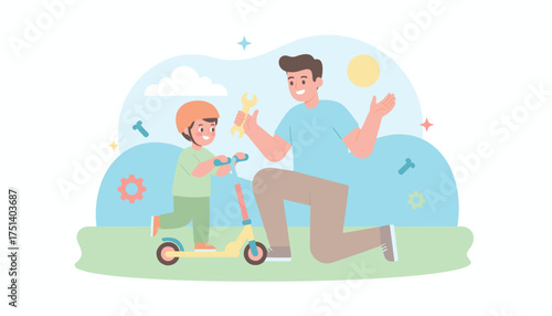 Father teaches son to ride scooter sharing a joyful moment outdoors Family bonding