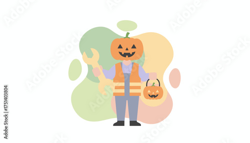 Jackolantern head worker with wrench and candy bucket Halloween service concept