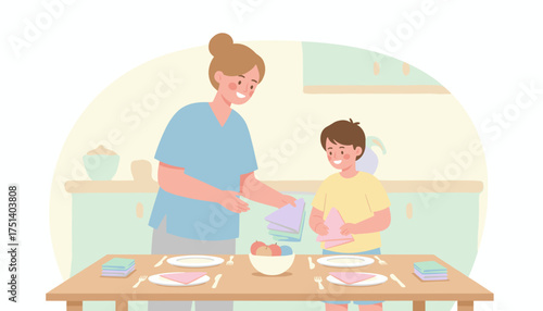 Happy mother and son setting table in kitchen teaching chores and family cooperation