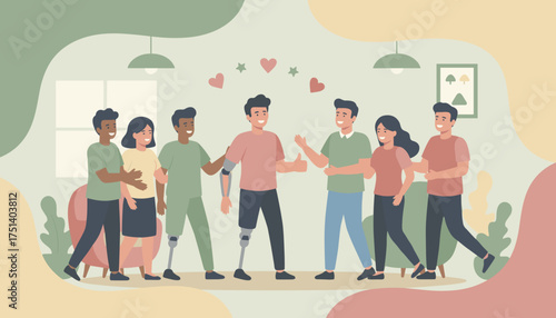 Diverse group with disabilities showing support friendship and inclusion in a happy community