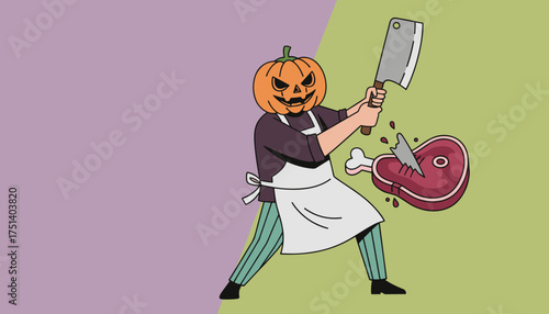 Halloween butcher with pumpkin head chops meat festive horror theme for fall celebrations