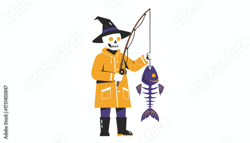 Skeleton fisherman in a witch hat catches a fish skeleton Halloween concept